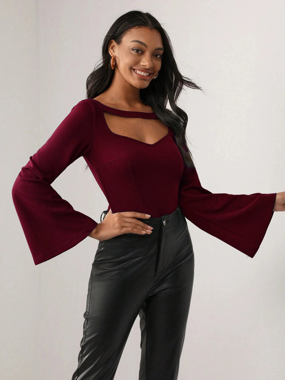 ZARA Flare Sleeve Cutout Waist Cinching Slimming Long Sleeve Blouse - Picture 4 of 6